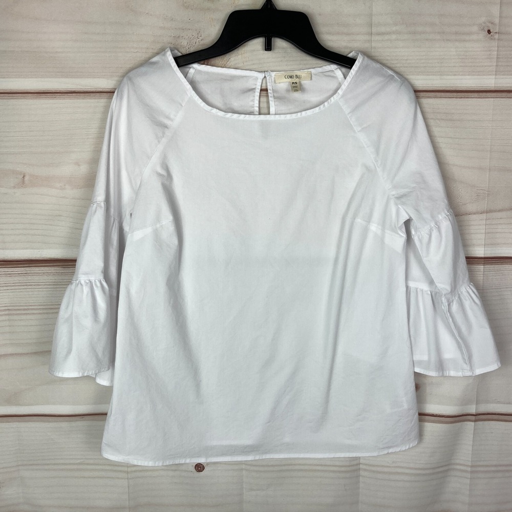 Como Blu Top Womens S White Bell Sleeve Boat Neck Blouse Cotton Stretch Solid